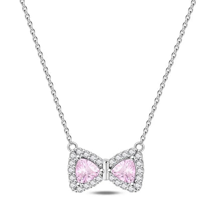 925 Sterling Silver Necklace with Pink Bow Heart Moon Butterfly Pendant Elegant Zircon Charm for Women Classic DIY Gift