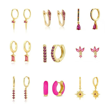Rose Red Zircon Hoop Earrings for Women Minimalist Dangle Party Jewelry Trend 2025