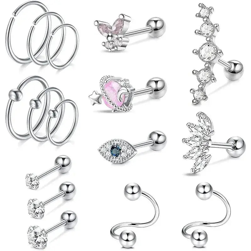 Silver Hypoallergenic Stainless Steel Cartilage Earrings Set - 2/16 Pcs A1-16Pcs-Silvery 16G-1.2mm