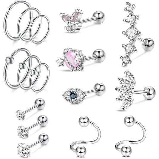 Silver Hypoallergenic Stainless Steel Cartilage Earrings Set - 2/16 Pcs A1-16Pcs-Silvery 16G-1.2mm