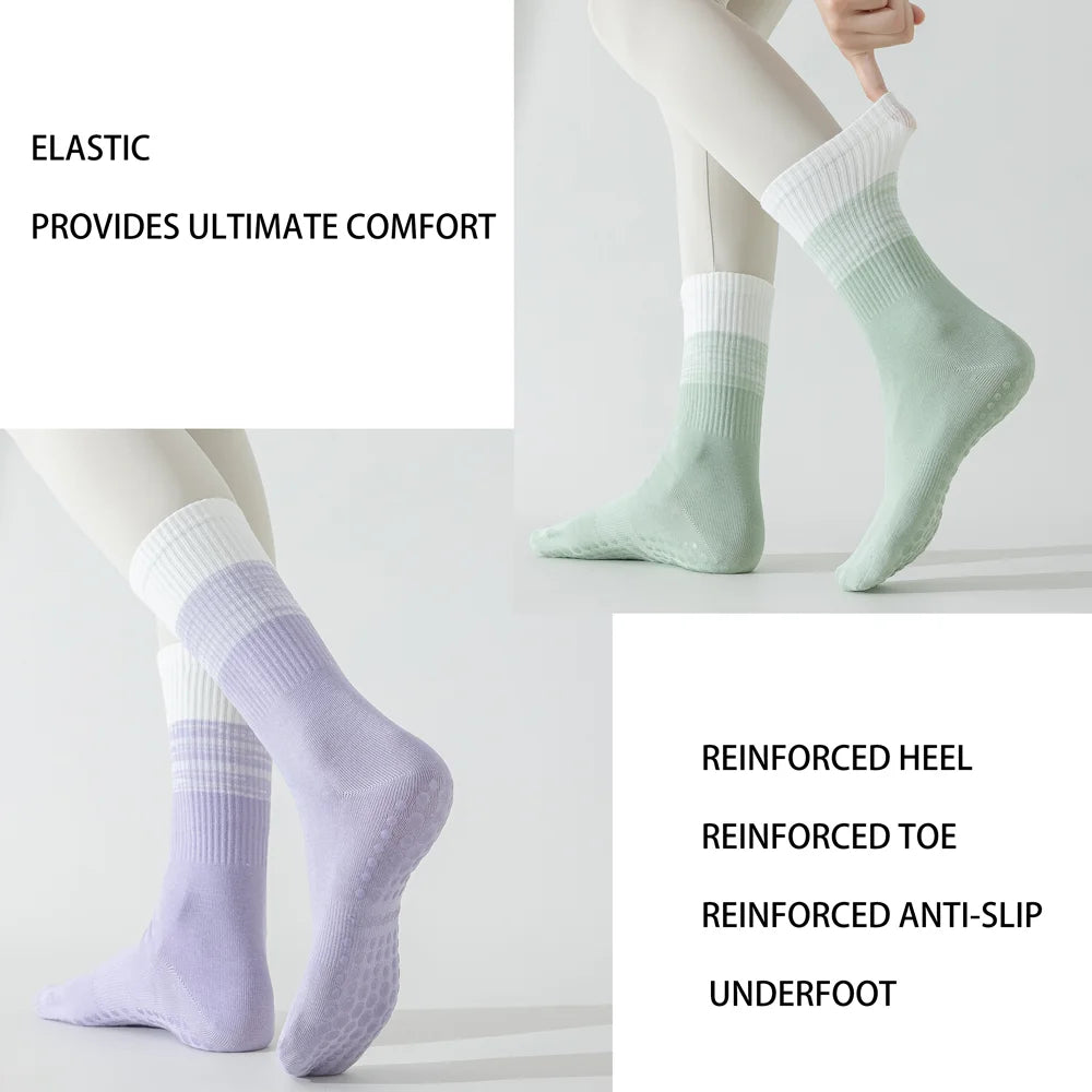 3 Pairs Cotton Anti Slip Mid Calf Yoga Socks For Women