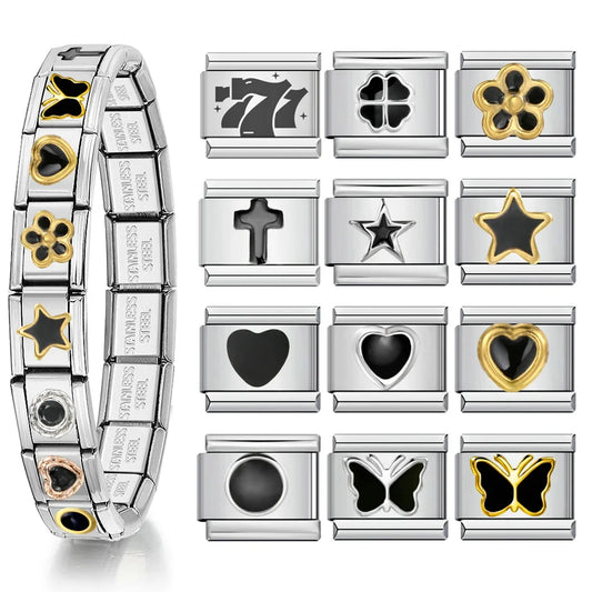 Y2K Charm Italian Style Stainless Steel DIY Bracelet with Black Flower Star Butterfly Heart Links
