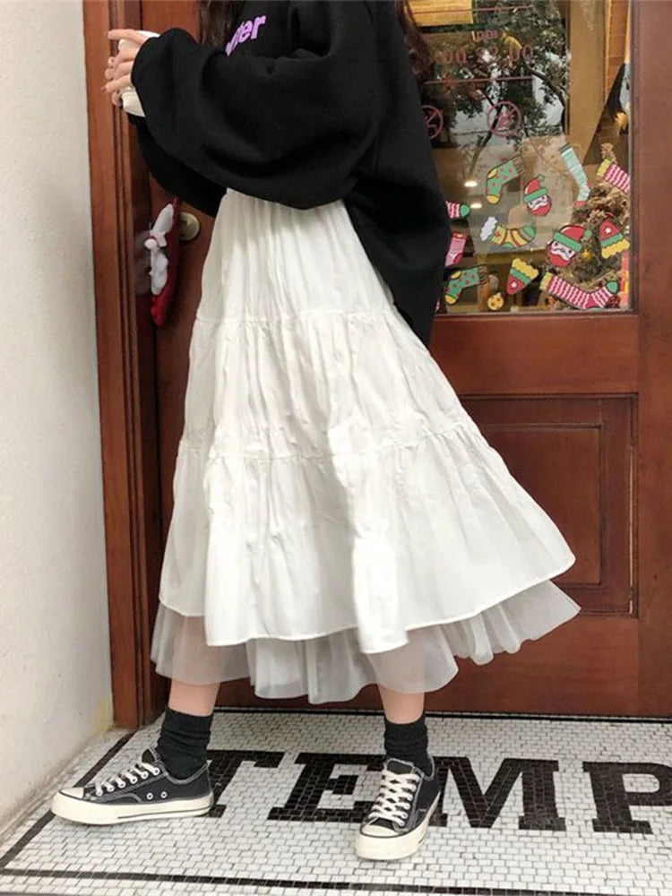 Autumn 2024 Long Tulle Midi Skirt Women Elastic Waist
