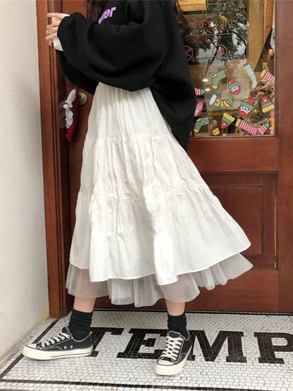 Autumn 2024 Long Tulle Midi Skirt Women Elastic Waist