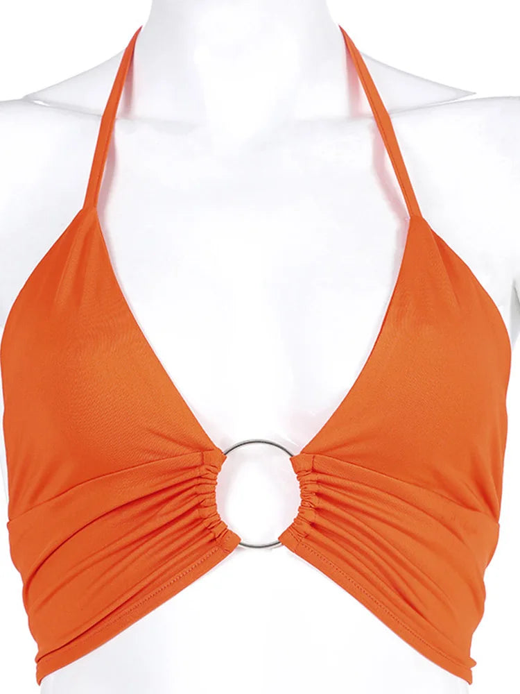 Slim Fit V Neck Summer Bustier Crop Top Halter Backless