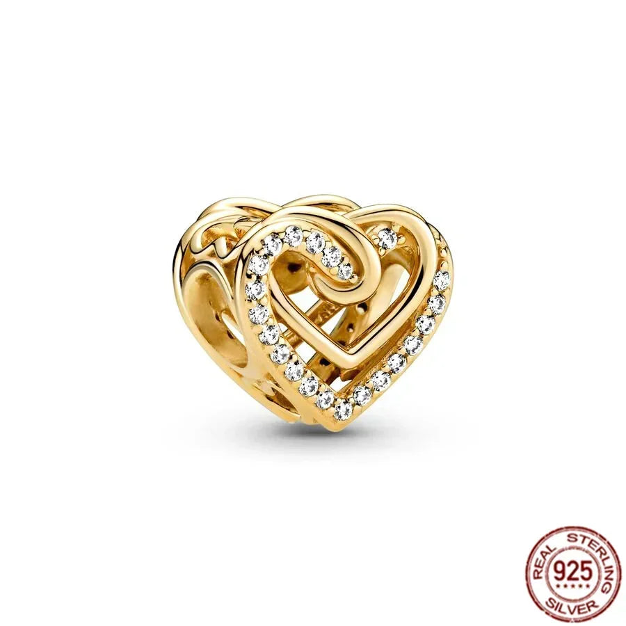 925 Sterling Silver Gold Heart and Maple Leaf Charms Sparkling Zircon Pendant for Women DIY Bracelet Fine Jewelry Gift