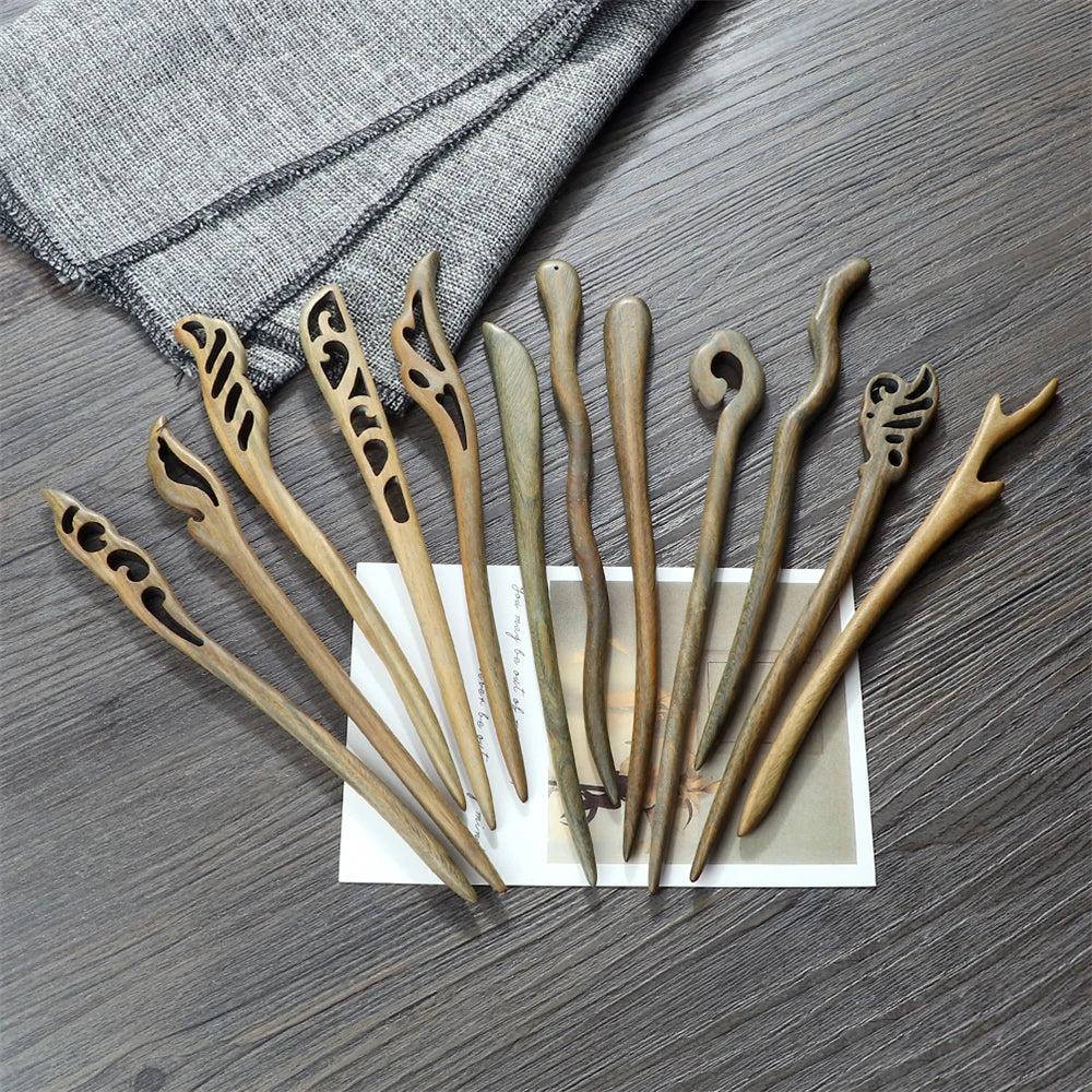 Elegant Green Sandalwood Chinese Vintage Hairpins Set for Women
