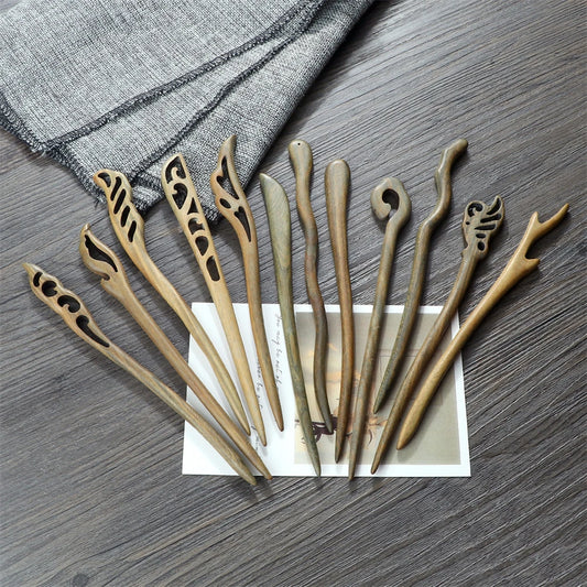 Elegant Green Sandalwood Chinese Vintage Hairpins Set for Women