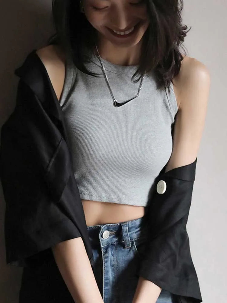 Chic White Ribbed Knit Halter Crop Top For Women Casual