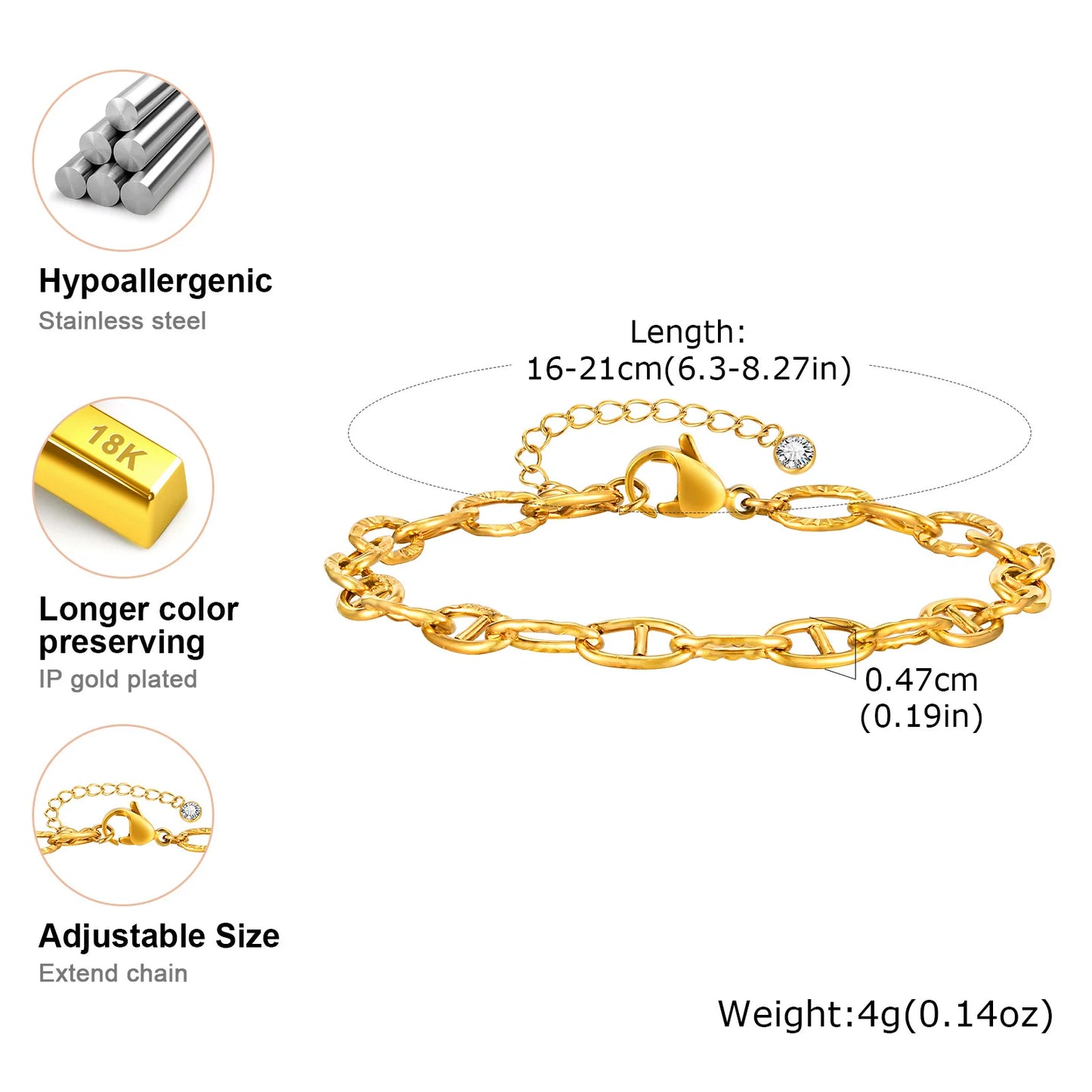 Elegant Gold Plated Link Bracelet for Women - Adjustable Stainless Steel Waterproof Jewelry