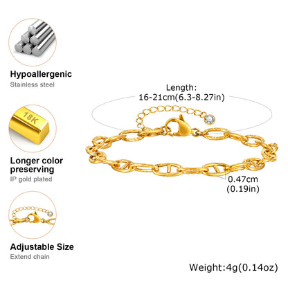 Elegant Gold Plated Link Bracelet for Women - Adjustable Stainless Steel Waterproof Jewelry