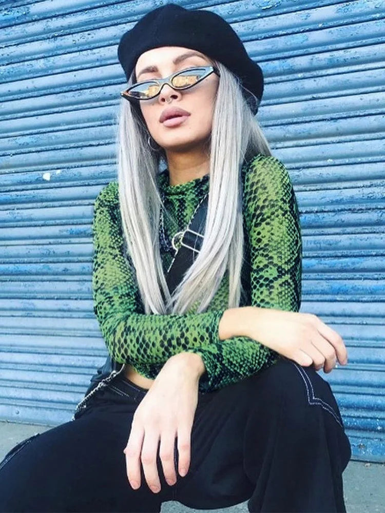 Dozw Women Snake Print Mesh Crop Top High Neck Long Sleeve