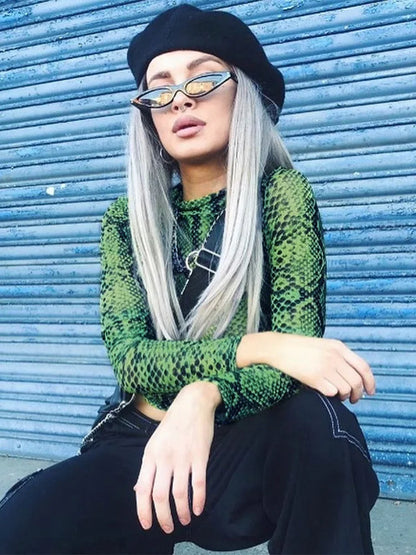 Dozw Women Snake Print Mesh Crop Top High Neck Long Sleeve