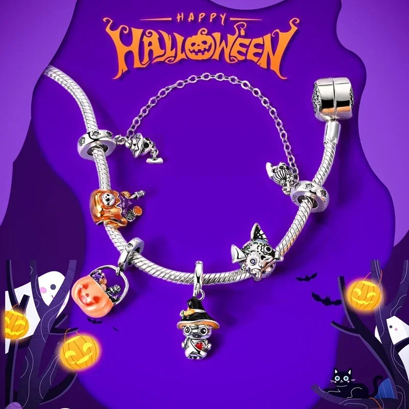 925 Sterling Silver Halloween Charms Set Pumpkin Skull Witch Ghost Beads for Bracelet Necklace Jewelry
