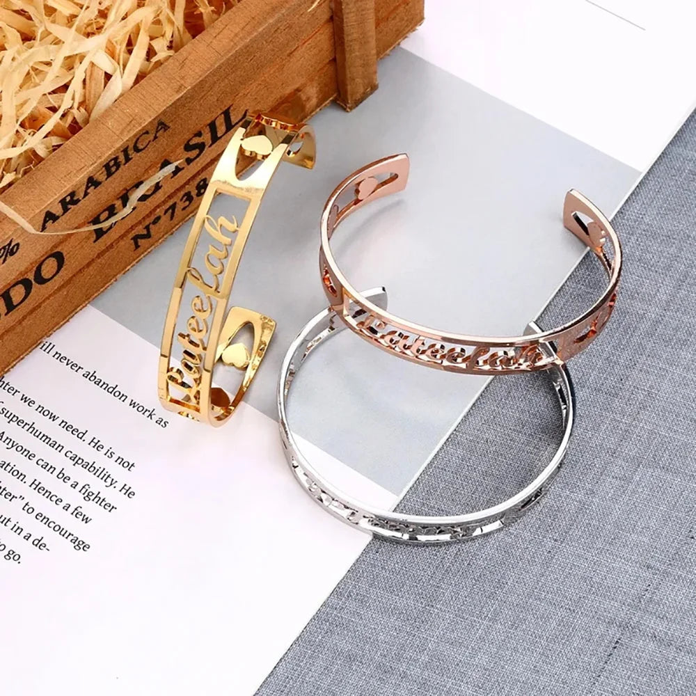 Custom Name Bracelet Hollow Heart Gold Bangle Fashion Jewelry Valentine's Day Gift