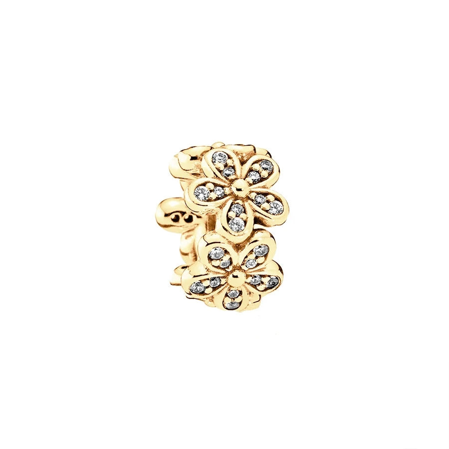 Gold Plated Pink Daisy And Clear Heart Charm Bead 925