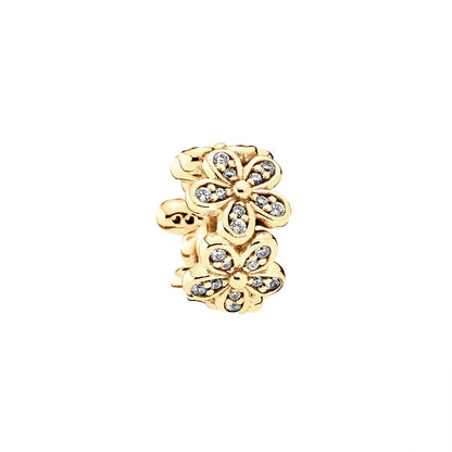 Gold Plated Pink Daisy And Clear Heart Charm Bead 925