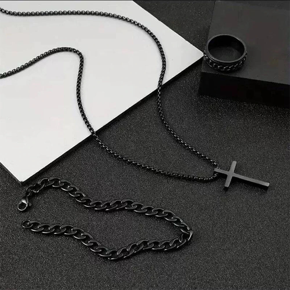 Men's Stylish Black Stainless Steel Cross Necklace, Ring, and Bracelet Set - Non-Fading Jewelry for Weddings and Parties