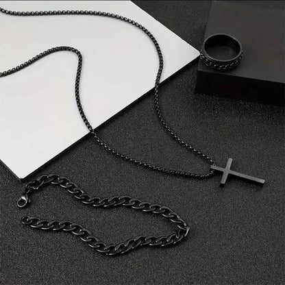 Men's Stylish Black Stainless Steel Cross Necklace, Ring, and Bracelet Set - Non-Fading Jewelry for Weddings and Parties