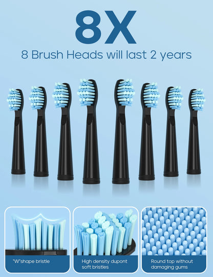 Seago Electric Toothbrush Sonic Toothbrush 30 Days Battery Life 958Black8Brush heads