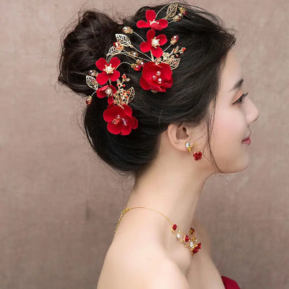 Vintage Chinese Wedding Red Hairpins Bridal Flower Crystal Headpiece for Women