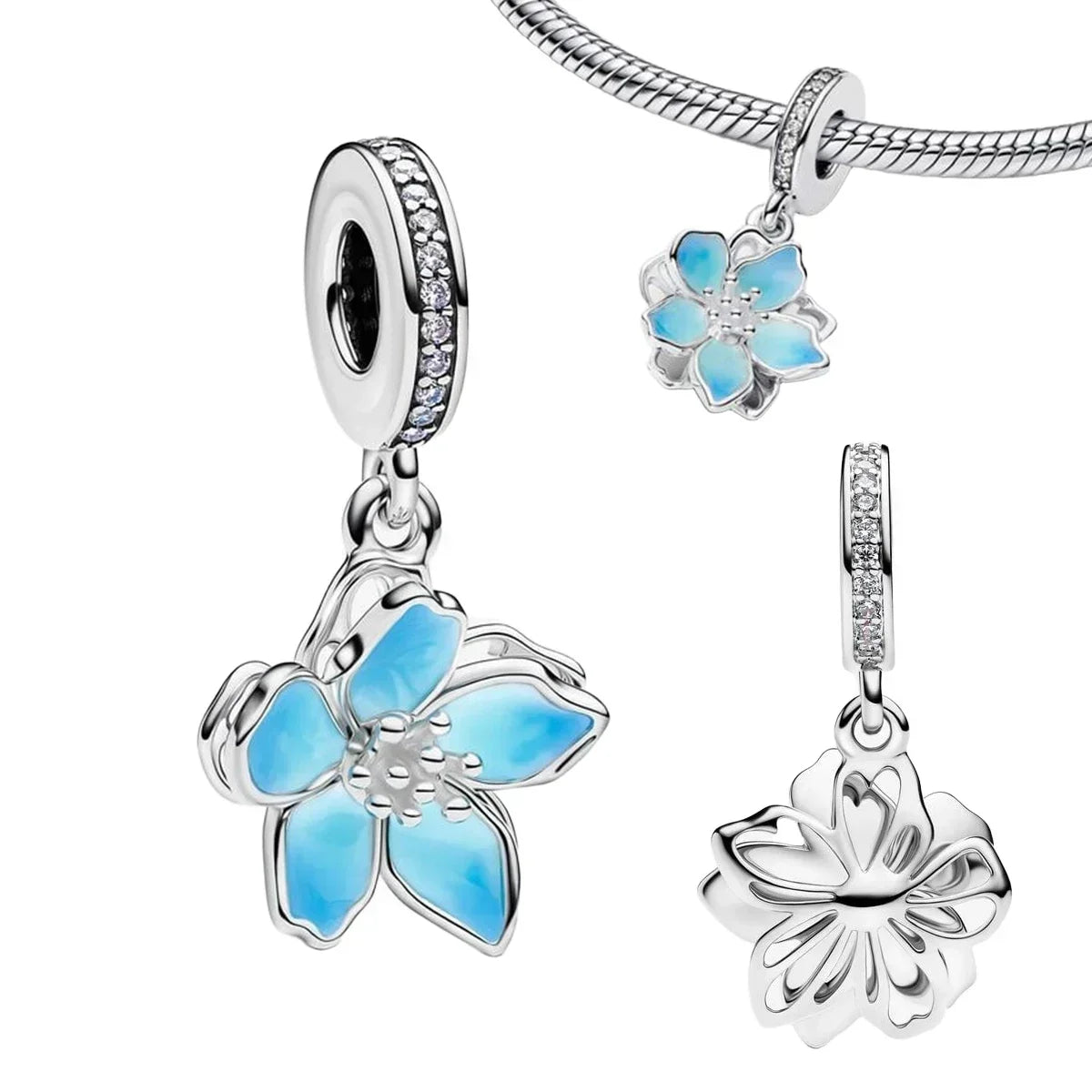 925 Sterling Silver Heart Blooming Rose Full Diamond Zircon Charms Pendant Beads for Bracelets and Necklaces