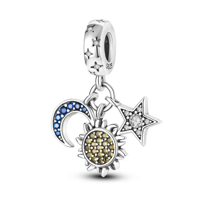 Sterling Silver Pave Star Crescent Moon Bead Bracelet