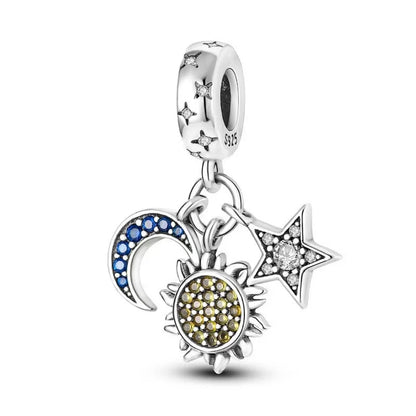 Sterling Silver Pave Star Crescent Moon Bead Bracelet