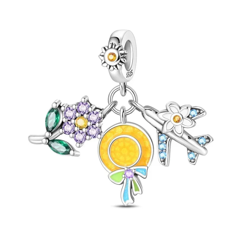 Green Series Sterling Silver Lucky Four Leaf Clover Charms with Zircon Beach Beads for Bracelets and Necklaces