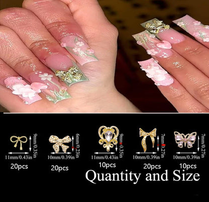 80Pc Gold 3D Nail Charms Kit Crown Butterfly Cross Crystal