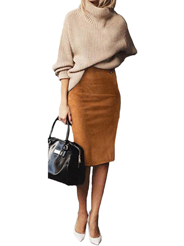 Multicolor Suede Midi Pencil Skirt Women High Waist Bodycon