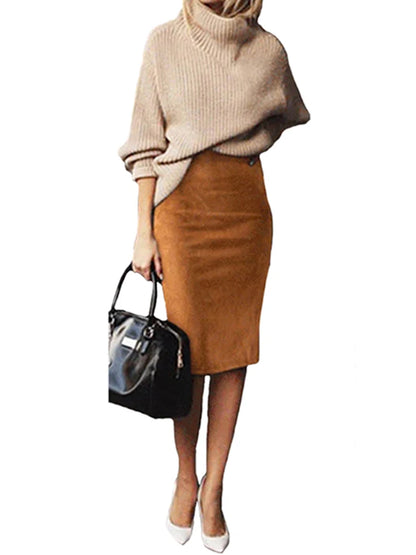 Multicolor Suede Midi Pencil Skirt Women High Waist Bodycon