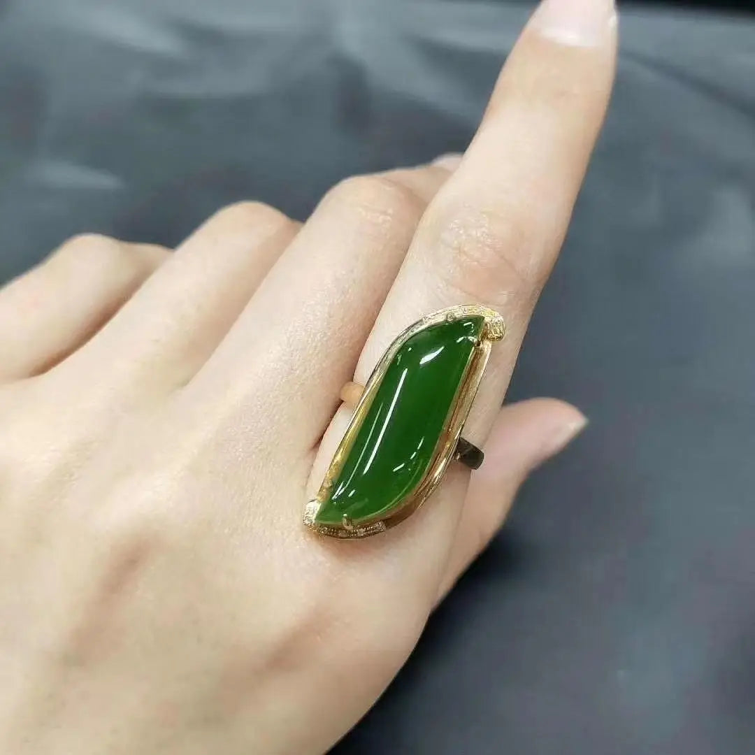 Vintage Willow Leaf Green Hotan Jade Ring with Glossy Silver Inlay for Women Adjustable Fine Jewelry