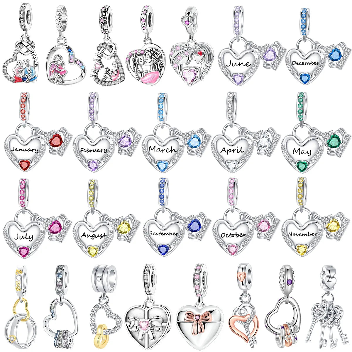 Sparkling Birthstone Heart Charm 925 Sterling Silver Pendant Bead for Mom DIY Jewelry Gift