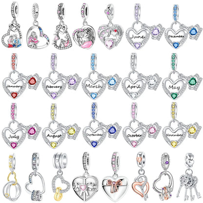 Sparkling Birthstone Heart Charm 925 Sterling Silver Pendant Bead for Mom DIY Jewelry Gift