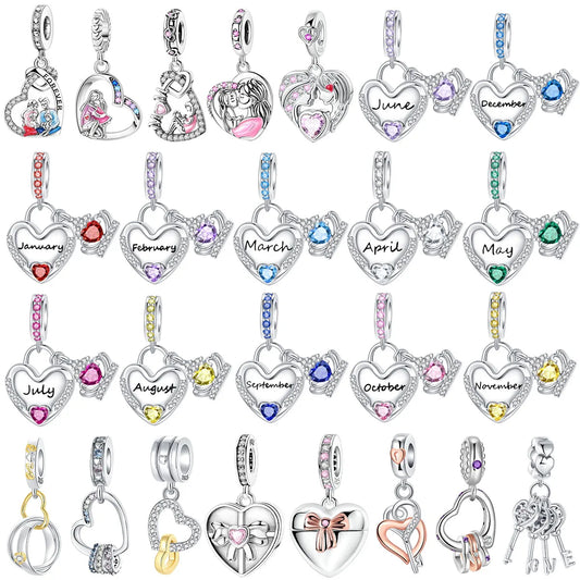 Sparkling Birthstone Heart Charm 925 Sterling Silver Pendant Bead for Mom DIY Jewelry Gift
