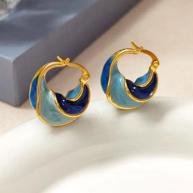 New Trendy Enamel Blue Metal Small Hoop Earrings for Women e1709lan