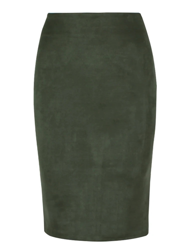 Multicolor Suede Midi Pencil Skirt Women High Waist Bodycon