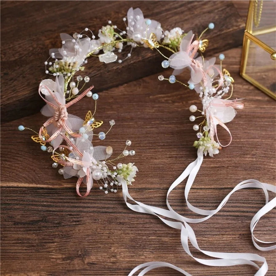 Girls Bridal Pearl Crystal Hair Headdress Flower Wreath Wedding Headband