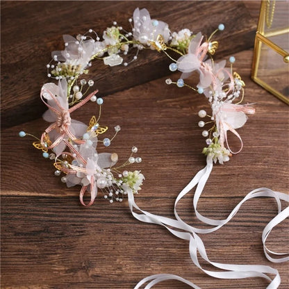 Girls Bridal Pearl Crystal Hair Headdress Flower Wreath Wedding Headband