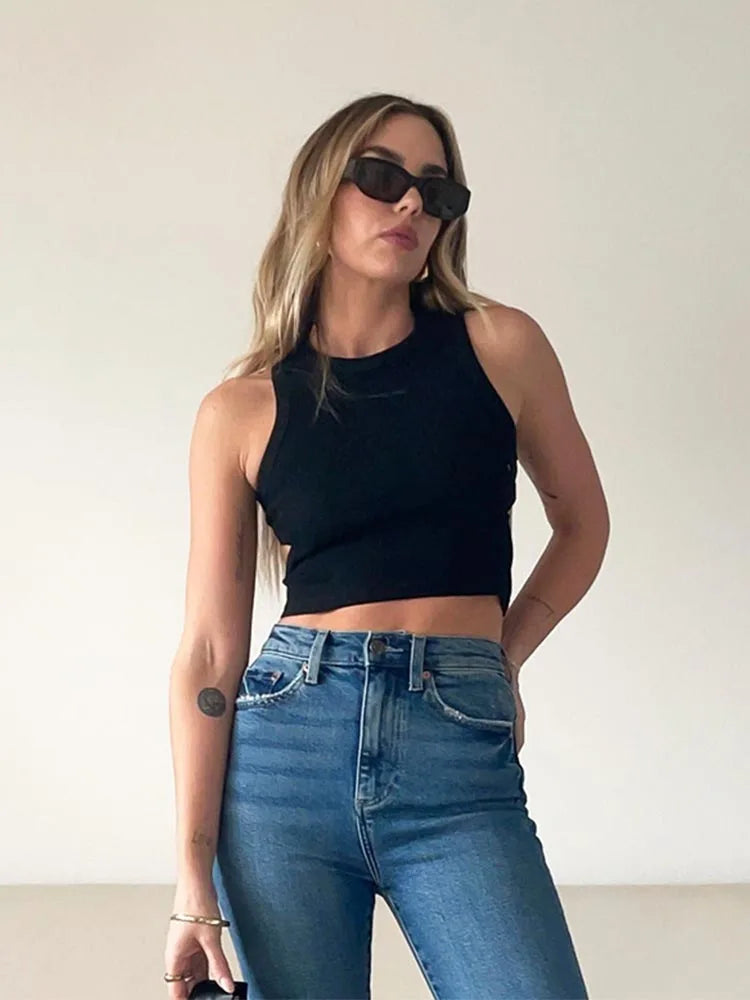 Dozw Women Solid Color Sleeveless Knit Top With Side Cutout