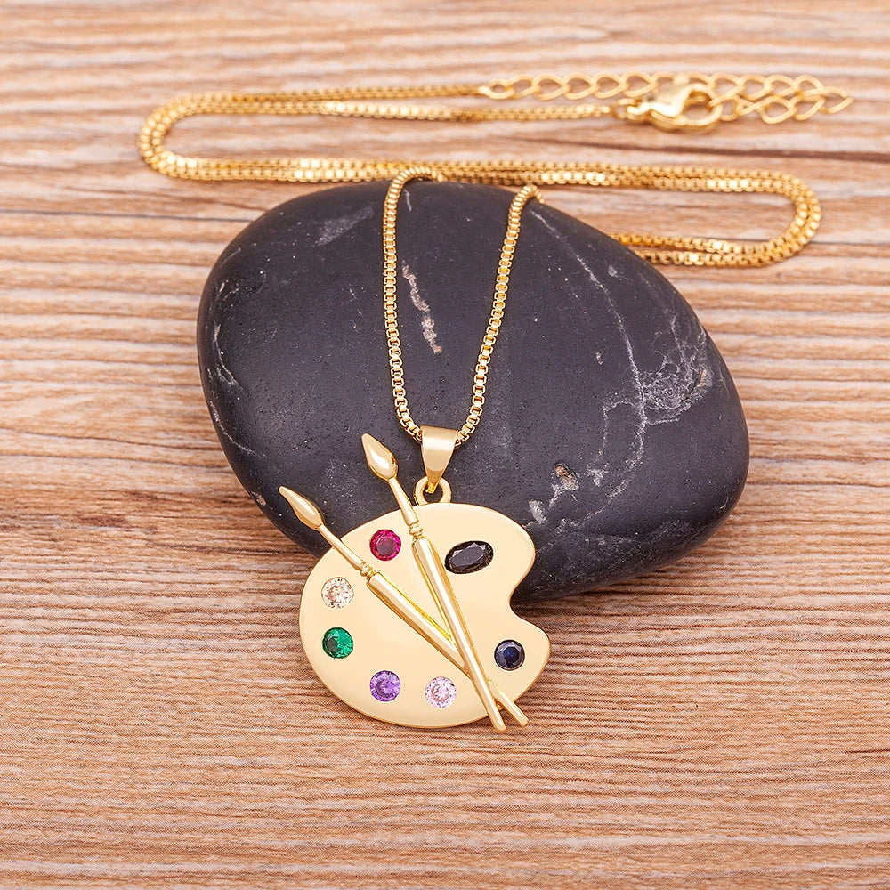 Colorful Zirconia Palette Pendant Necklace for Women Art-Inspired Brush Chain Jewelry