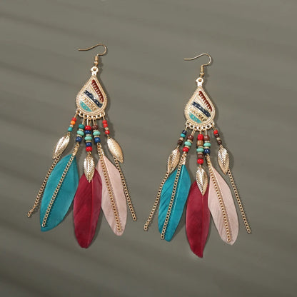Bohemian Long Feather Drop Earrings with Tassel Beads and Enamel Flowers for Women