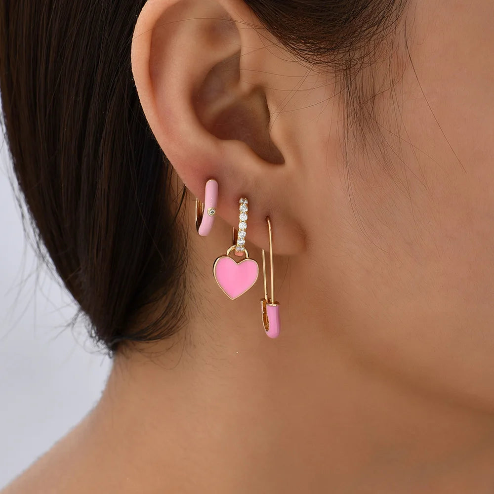 Charming Pink Heart Zircon Huggie Earrings Set for Women Fashion Hoop Jewelry