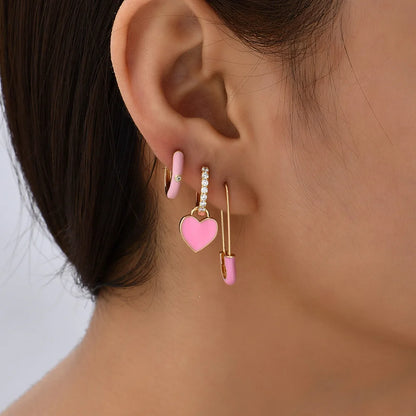 Charming Pink Heart Zircon Huggie Earrings Set for Women Fashion Hoop Jewelry