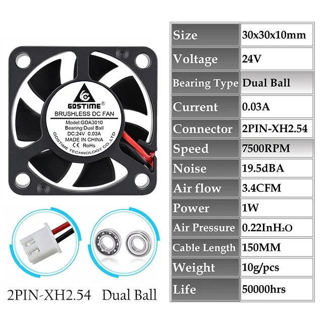 2 Pcs Gdstime DC 24V Fan 30MMx10MM Dual Ball Bearing Cooling Fan 24V Ball 7500RPM