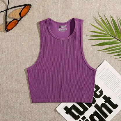 Women’s Seamless Rib-Knit Crop Top Elastic Sleeveless Casual Streetwear Tank