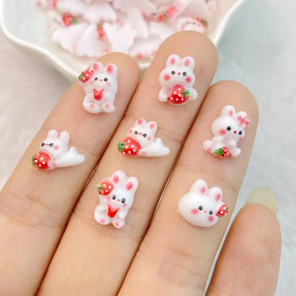 Charming Strawberry Rabbit Nail Art Decorations Set Resin 3D DIY Manicure Accessories 30 Pieces