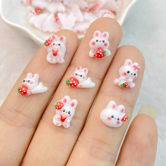 Charming Strawberry Rabbit Nail Art Decorations Set Resin 3D DIY Manicure Accessories 30 Pieces