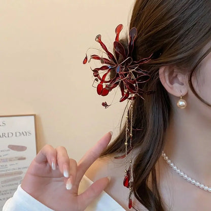 Exquisite Vintage Style Spider Lily Hair Sticks With Elegant Dripping Oil Tassels